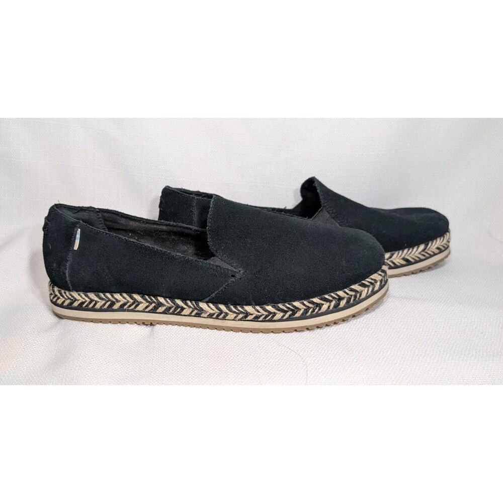 Toms Black Canvas Slip-On Flats with Braided Espadrille Trim